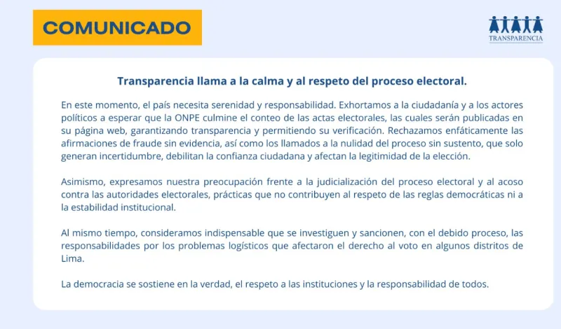¡Alerta en Perú! Transparencia exige a políticos frenar discursos de insurgencia y fraude