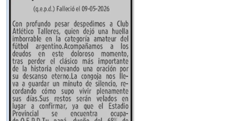 Belgrano se burló de Talleres con un aviso fúnebre tras ganar el clásico y desató una polémica en las redes sociales