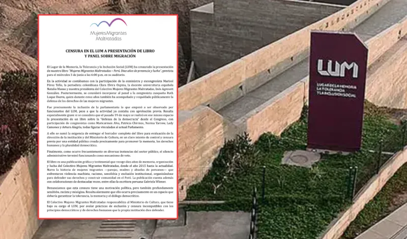 LUM: Colectivo responsabiliza al Ministerio de Cultura de censurar libro sobre violencia contra mujeres migrantes