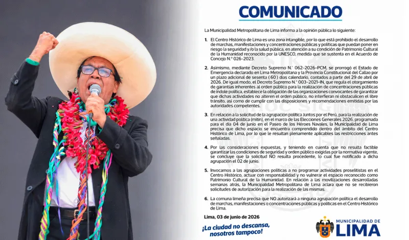 Municipalidad de Lima niega permiso a Juntos por el Perú y Roberto Sánchez para cierre de campaña en Centro Histórico