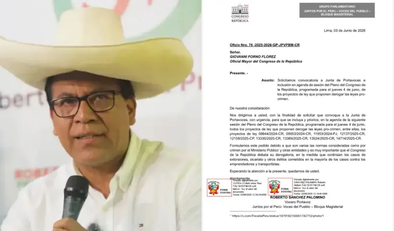 Roberto Sánchez solicita a Junta de Portavoces incluir derogación de leyes procrimen en próximo pleno del Congreso