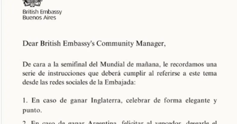 El particular memo interno de la Embajada de Reino Unido antes de la semifinal Argentina-Inglaterra por el Mundial 2026
