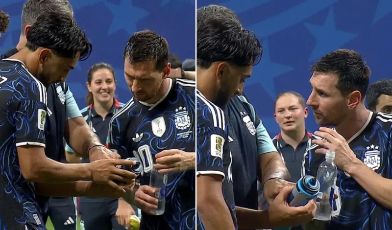 ¿Qué decía? Lionel Messi protagoniza curiosa reacción al revisar la botella que olvidó Pickford tras la derrota de Inglaterra